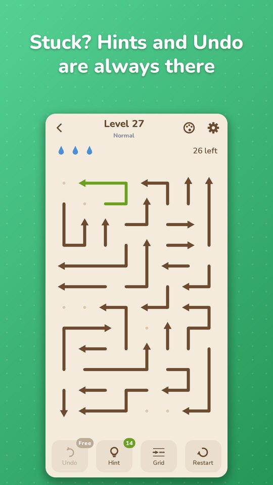 Hint, Undo, Grid and Restart buttons below an arrow puzzle board