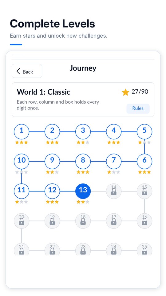 Sudoku Variants journey map with levels and stars