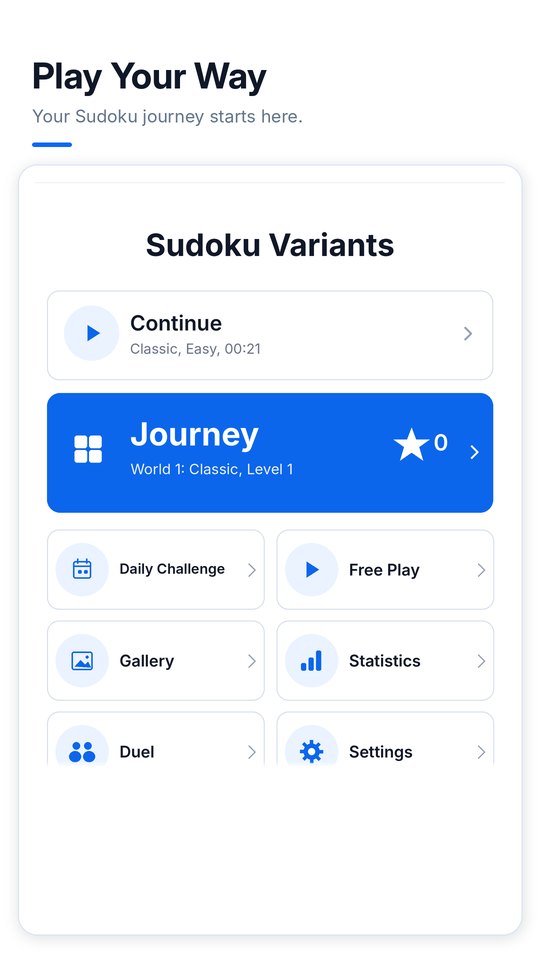 Home screen: Continue, Journey, Daily Challenge, Free Play and more