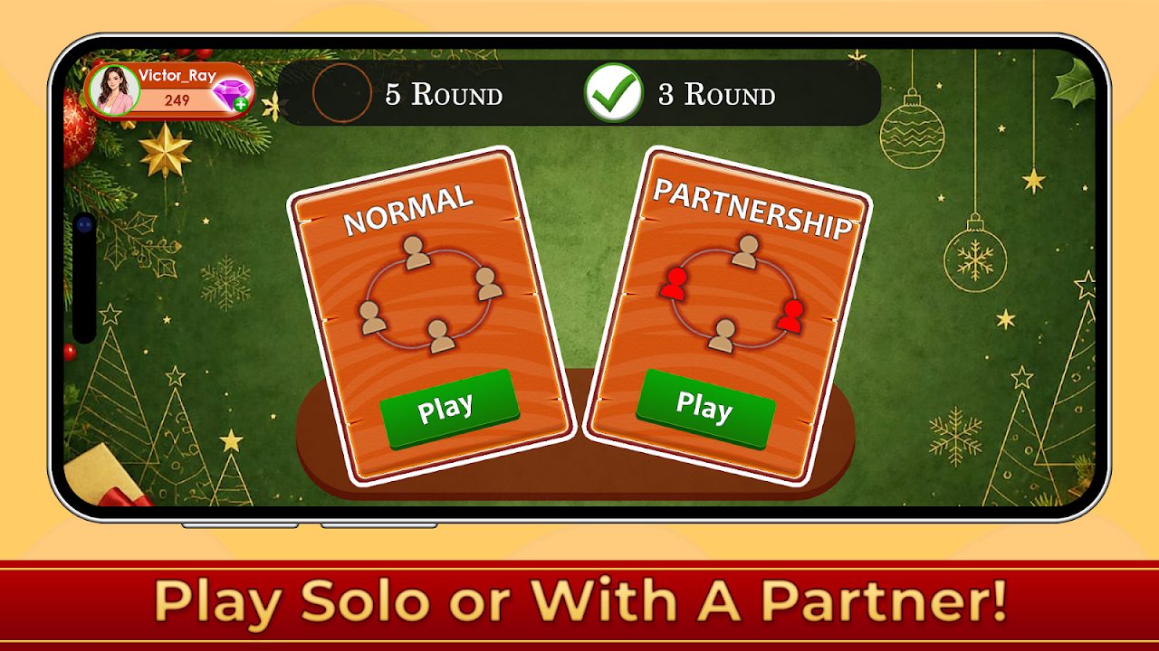 Normal and Partnership Callbreak modes with 3 or 5 rounds