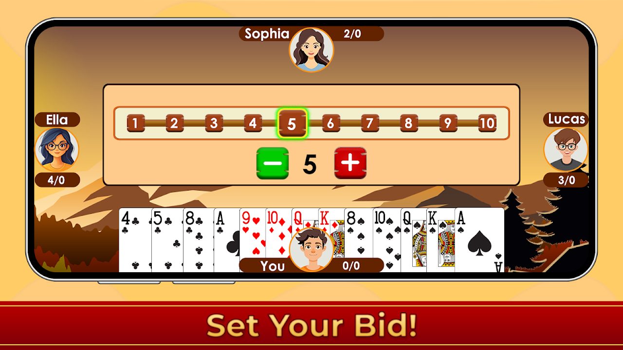 Set your bid from 1 to 10 tricks in Timepass Callbreak