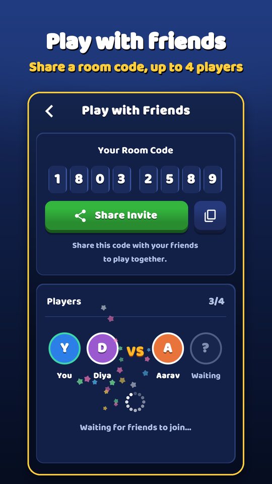Private carrom room with a room code and invite button