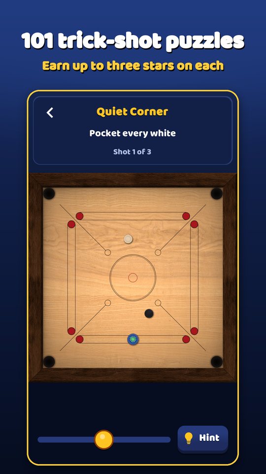 Trick-shot carrom puzzle with a goal and stars