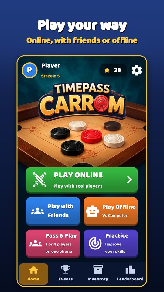 Timepass Carrom home screen with online, friends and offline play