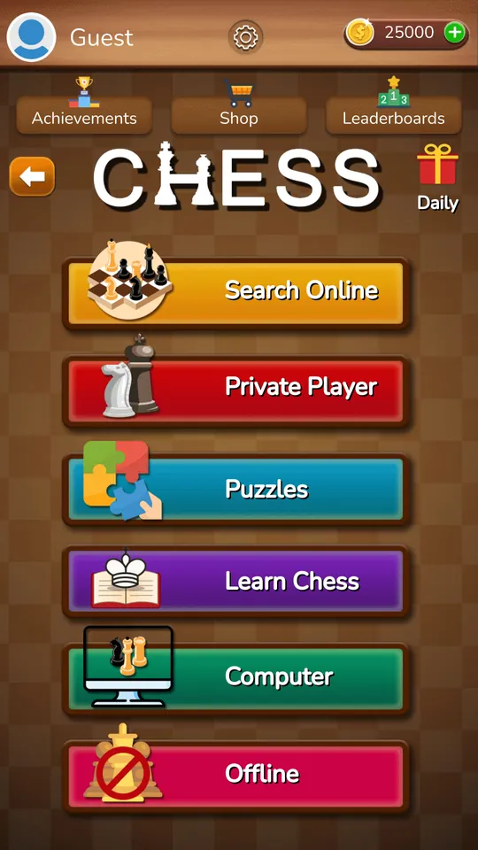 The menu: online, private room, puzzles, Learn Chess, computer, offline