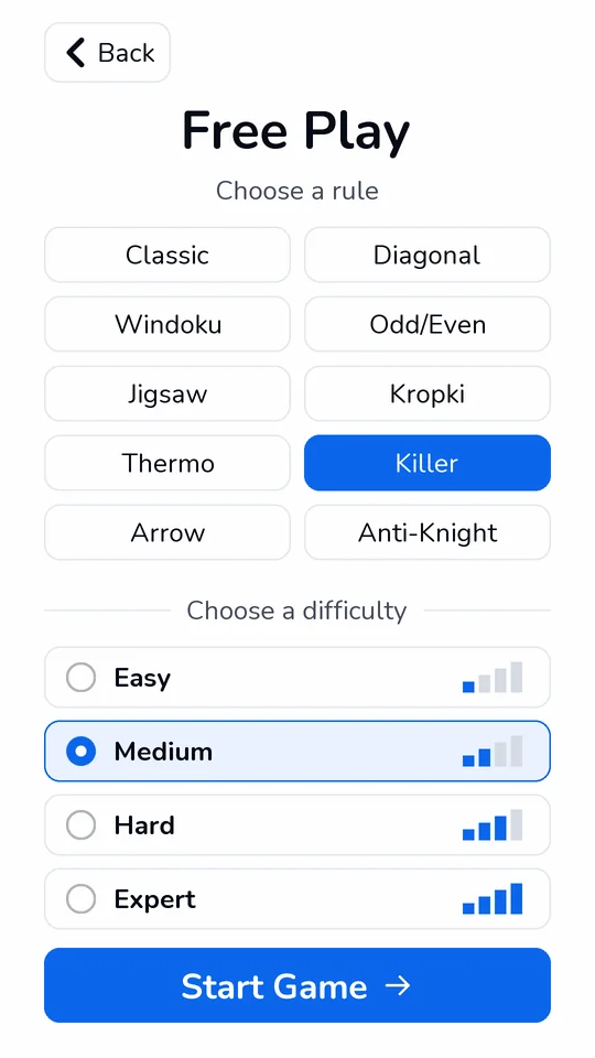 Free Play rule and difficulty picker